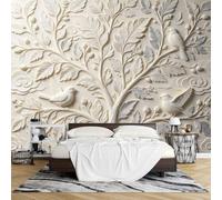 PVC Peel and Stick Wallpaper 3D Embossed Big Tree Flying Bird Wall Mural 300 X 500Cm Raised Effect Removable Waterproof Wallpaper Mural for Living Room Bedroom Feature Wall Decor