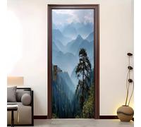 PVC Self-Adhesive Door Sticker 77x200 cm Jungle Shrouded in Mist Waterproof Door Mural Light Blue Wallpaper Wall Stickers for Bedroom Living Room Bathroom Home Decor