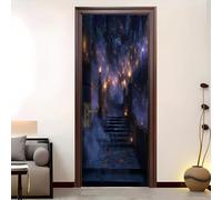 PVC Self-Adhesive Door Sticker 82x200 cm Fantasy Stone Bridge Stairs Waterproof Door Mural Purple Wallpaper Wall Stickers for Bedroom Living Room Bathroom Home Decor