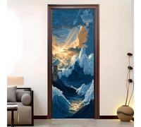 PVC Self-Adhesive Door Sticker 88x200 cm Sea Waves Sunrise Scenery Waterproof Door Mural Blue Wallpaper Wall Stickers for Bedroom Living Room Bathroom Home Decor
