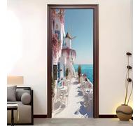 PVC Self-Adhesive Door Sticker 90x200 cm Romantic Mediterranean Architecture Waterproof Door Mural White Wallpaper Wall Stickers for Bedroom Living Room Bathroom Home Decor