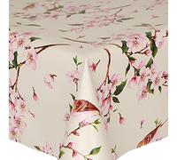 PVC Tablecloth Birds 1 Metre (100cm x 140cm), Pretty Flowers Oriental Floral Twig Leaves, Pink Brown Latte Green, Wipe Clean, Vinyl / Plastic Table Cloth