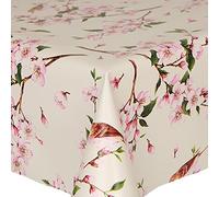 PVC Tablecloth Birds 54" Round (137cm) Approx., Pretty Flowers Oriental Floral Twig Leaves, Pink Brown Latte Green, Wipe Clean, Vinyl/Plastic Table Cloth