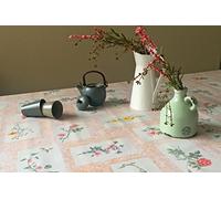 PVC Tablecloth Boxed Flowers 1.5 Metres (150cm x 140cm), Floral Leaf Leaves Frame Mottled Ground, Peach Dusky Pink Yellow Green, Wipe Clean, Vinyl/Plastic Table Cloth