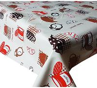 PVC Tablecloth Breakfast Natural 2 Metres (200cm x 140cm), Croissants Clock Cups Coffee Sugar Tea Pots Polka Sot Gingham Checks, Beige Latte Brown Red, Wipe Clean, Vinyl/Plastic Table Cloth