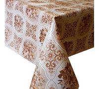 PVC Tablecloth Brown Bouquet 3 Metres (300cm x 140cm), Floral Tile Print, Latte Beige Mink Off White, Vinyl / Plastic Table Cloth