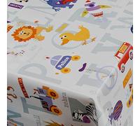 PVC Tablecloth Child's Play 2.5 Metres (250cm x 140cm), Alphabet Letters Numbers Animals, Yellow Green Blue Red White, Wipe Clean, Vinyl/Plastic Table Cloth