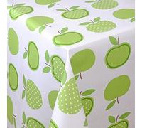 PVC Tablecloth Green Dotty Apples 2 Metres (200cm x 140cm), Fruit Leaves Polka Dot Spots, Lime Green White Brown, Vinyl/Plastic Table Cloth