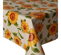PVC Tablecloth White Sunflowers 2 Metres (200cm x 140cm), Bright Yellow Petals Green Leaves, Wipe Clean, Vinyl/Plastic Table Cloth