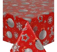 PVC Tablecloth Xmas Sparkle Red 2 Metres (200cm x 140cm), Christmas Snowflake Stag Deer Hearts Sparkle Star Baubles Bows, Silver, Vinyl/Plastic Table Cloth