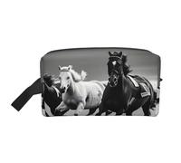 pvinnk Black and White Horses Running Print Portable Makeup Pouch Travel Toiletry Bag Storage Bags with Handles Large Capacity, White, One Size
