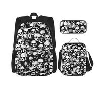 pvinnk Black Skull Print Comfortable Adjustable Shoulder Casual Fashion Backpack Lunch Bag Pencil Case, Black, One Size, Black, One Size