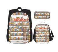 pvinnk Funny Book Shelves Collection And Ladder Print Comfortable Adjustable Shoulder Casual Fashion Backpack Lunch Bag Pencil Case, Black, One Size, Black, One Size
