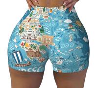 pvinnk Greece Map Print Women's Workout Short Scrunch Gym Shorts Seamless High Waisted Design Everyday Use, Black, M