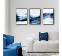 PVPQPR 3-pcs Abstract White Black Blue Wave Canvas Print Painting Wall Art Posters Artwork for Bedroom Living Room Decoration 70x100cm(28x39in) x3 No frame