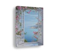 PVPQPR Open Window Canvas Wall Art,Framed Canvas Print,Fake Window,Sea View With Flower Print,Modern Living Room Artwork(60x80cm(24x31in) /With Frame)