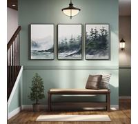 PVPQPR Set of 3 Canvas Art Wall Decor Watercolor Pacific Coastline Wall Pictures Misty Forest Triptych Canvas Wall Art 70x90cm(28x35in) x3 with frame
