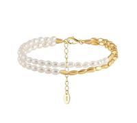 PVUVTNAHW 14K Gold Half Natural Pearl Half Beads Chain 925 Silver Double Chain Bracelet Jewelry for Women