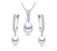 PVUVTNAHW 8-9mm Rice Freshwater Pearl Earrings 45cm Pendant Necklaces 925 Sterling Silver Jewelry Set For Women(White)