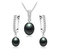 PVUVTNAHW 8-9mm Rice Freshwater Pearl Earrings 45cm Pendant Necklaces 925 Sterling Silver Jewelry Set For Women(Black)