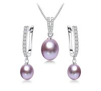 PVUVTNAHW 8-9mm Rice Freshwater Pearl Earrings 45cm Pendant Necklaces 925 Sterling Silver Jewelry Set For Women(Purple)