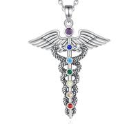 PVUVTNAHW 925 Sterling Silver Caduceus Necklace Double Snake Wing 7 Chakras Pendant Medical Symbol Jewelry For Men Women(With 18inch chain)