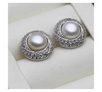 PVUVTNAHW 925 Sterling Silver Shell Stud Earrings Freshwater Natural Pearl Earrings For Women(White)