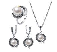 PVUVTNAHW Black Cyclone Style Jewelry Simulated Pearl Earrings Necklace Ring Set For Woman(9)