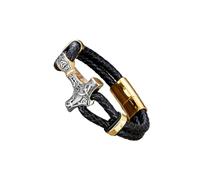 PVUVTNAHW Gothic Punk Mens Black Leather Braided Wristband With Thor's Hammer Pendant Cuff Stainless Steel Buckle Bracelet(21cm,Silver gold)