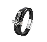 PVUVTNAHW Leather Braided Viking Bracelets Thor's Hammer Wrap Cuff Wirstband With Closure For Men(23cm,Silver)