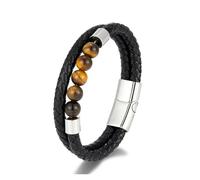 PVUVTNAHW Multi-layer Braided Leather Charm Bracelet Peacock Green Tiger Eye Stone For Men Simple Stainless Steel Jewelry(23cm,Silver Tiger Eyes)