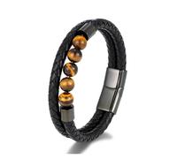 PVUVTNAHW Multi-layer Braided Leather Charm Bracelet Peacock Green Tiger Eye Stone For Men Simple Stainless Steel Jewelry(23cm,Black Tiger Eyes)