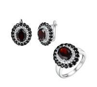 PVUVTNAHW Natural Black Garnet Gemstone 925 Sterling Silver Ring And Earrings Fine Jewelry Set For Women Party Daily Wear(6)