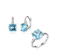 PVUVTNAHW Natural Sky Blue Topaz Round 10mm Gemstone Ring Earring Jewelry Set S925 Silver Jewelry For Women(6)