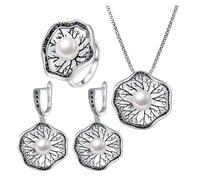 PVUVTNAHW Pearl Lotus Leaf Jewelry Sets For Women Antique Silver-color Chunky Ring Earrings Necklace & Pendant(10)
