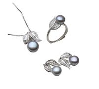 PVUVTNAHW Pearl Ring Necklace Earrings 925 Sterling Silver Natural Freshwater Pearl Jewelry Set For Women(Grey)