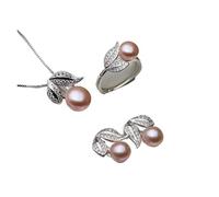 PVUVTNAHW Pearl Ring Necklace Earrings 925 Sterling Silver Natural Freshwater Pearl Jewelry Set For Women(Purple)