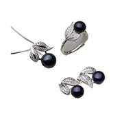 PVUVTNAHW Pearl Ring Necklace Earrings 925 Sterling Silver Natural Freshwater Pearl Jewelry Set For Women(Black)