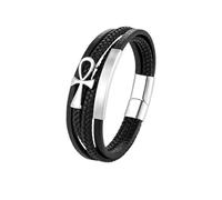PVUVTNAHW Stainless Steel Charm Magnetic Black Men Ancient Egypt Cross Woven Multilayer Leather Bracelet Punk Rock Jewelry(23cm)