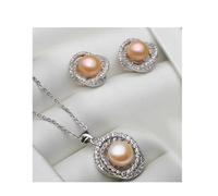 PVUVTNAHW White Black Natural Pearl Necklace Earring Set 925 Sterling Silver Jewelry For Women Wedding(Pink)
