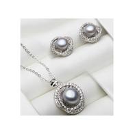 PVUVTNAHW White Black Natural Pearl Necklace Earring Set 925 Sterling Silver Jewelry For Women Wedding(Grey)
