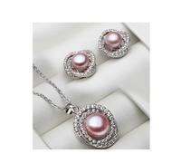PVUVTNAHW White Black Natural Pearl Necklace Earring Set 925 Sterling Silver Jewelry For Women Wedding(Purple)