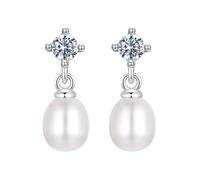 PVUVTNAHW White Gold Plated Moissanite Freshwater Pearl Earrings 925 Sterling Silver Elegant Stud For Women