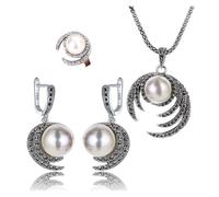 PVUVTNAHW White Pearl Moon Shape Pendant Earrings Necklace Rings For Ladies Wedding Jewelry Sets(8)