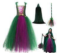 PW TOOLS Hocus Pocus Witch Dress for Girls - Winifred Sanderson Kids Witch Costume with Cape & Broom