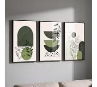 PWAAHDC Green Canvas Wall Art, Set of 3 Boho Prints, Beige and Sage Green Abstract Geometric Posters, Unframed 40 x 50cm Home Decor for Living Room or Bedroom