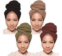 PWEOUKE Head Wraps for Black Women African Head Wrap Lightweight for Women Long Plain Turban Hair Scarf Scarves, 4 Pcs-black,camel,army Green,coffee, Length 71 inches x Width 32 inches