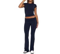 PWGGMAA Women 2 Piece Outfits Foldover Low Rise Flare Leggings Pants Crop Tops Y2K Lounge Set Yoga Casual Matching Tracksuit