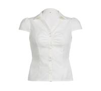 PWGGMAA Womens Basic Button Down Shirts Plaid Cap Sleeve Lapel Collar Tight Blouse Tie Up Back Slim Tops Summer Office Shirt (Z1-White, S)