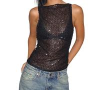 PWGGMAA Women's Sequin Top Sheer Sleeveless Sparkle Camisole Glitter Tanks Tops Shimmer Going Out Cami Club Party Vest (Black, L)